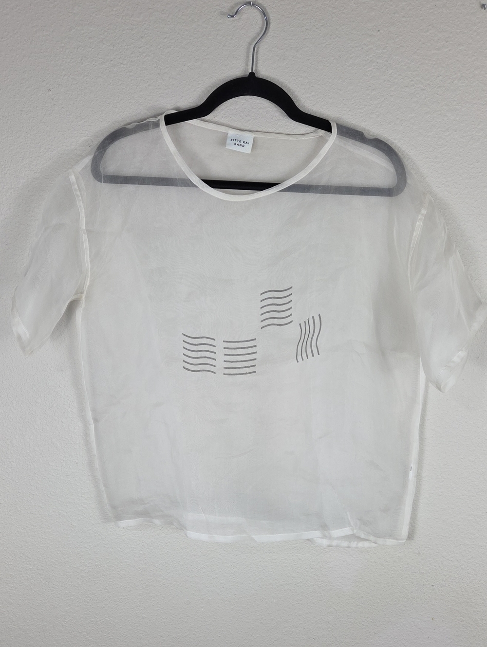 Bitte Kai Rand Sheer 100% Silk Ivory Short Sleeve Top with Graphic Size Small